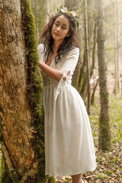 White Linen Cotton Midi Dress - Deep V-Neck A-Line | Xiaolizi 2738