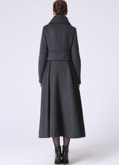 Gray Wool Maxi Coat - Military Inspired, Flared Silhouette 1063
