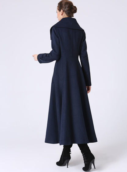 Navy Wool Coat - Asymmetrical Collar Flared Silhouette 1054