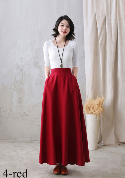 Gray Linen A-Line Maxi Skirt - Elastic Waist with Side Pockets 2822