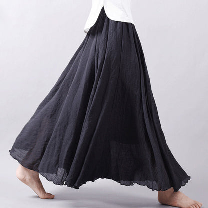 Black Linen Cotton Maxi Skirt - Elastic Waist, Flowy Full Swing 2718