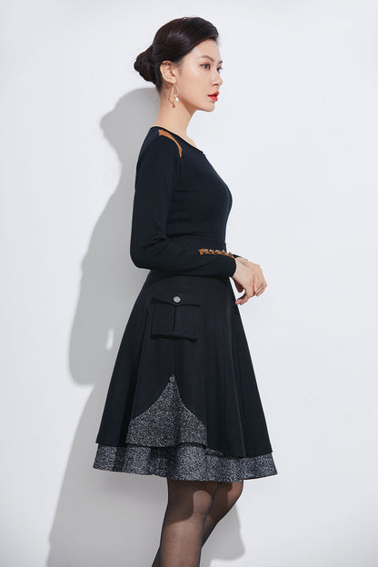 Vintage Green Wool Skater Skirt – High Waist Winter Mini Skirt with Pockets 1627