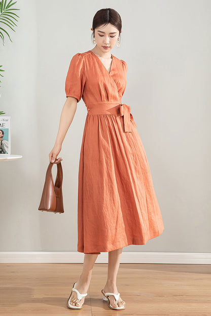 Orange Linen Cotton Midi Wrap Dress - Bubble Sleeves, A-Line Silhouette 4196