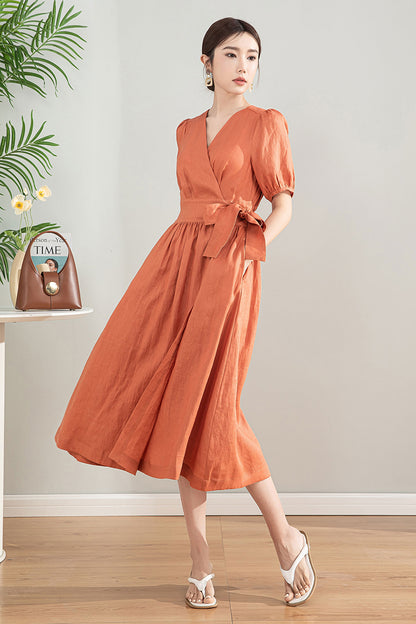 Orange Linen Cotton Midi Wrap Dress - Bubble Sleeves, A-Line Silhouette 4196