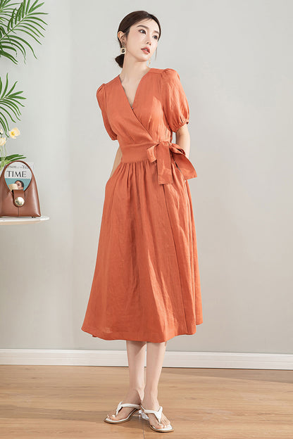 Orange Linen Cotton Midi Wrap Dress - Bubble Sleeves, A-Line Silhouette 4196