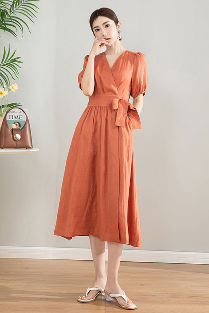 Orange Linen Cotton Midi Wrap Dress - Bubble Sleeves, A-Line Silhouette 4196
