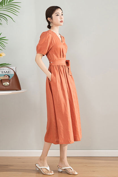 Orange Linen Cotton Midi Wrap Dress - Bubble Sleeves, A-Line Silhouette 4196
