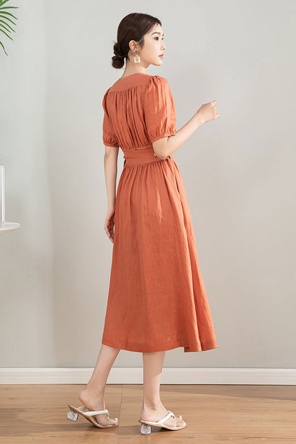 Orange Linen Cotton Midi Wrap Dress - Bubble Sleeves, A-Line Silhouette 4196