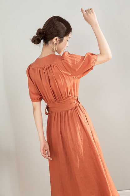 Orange Linen Cotton Midi Wrap Dress - Bubble Sleeves, A-Line Silhouette 4196