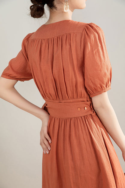 Orange Linen Cotton Midi Wrap Dress - Bubble Sleeves, A-Line Silhouette 4196