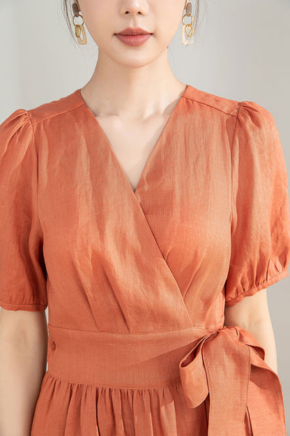 Orange Linen Cotton Midi Wrap Dress - Bubble Sleeves, A-Line Silhouette 4196