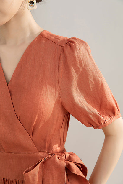 Orange Linen Cotton Midi Wrap Dress - Bubble Sleeves, A-Line Silhouette 4196