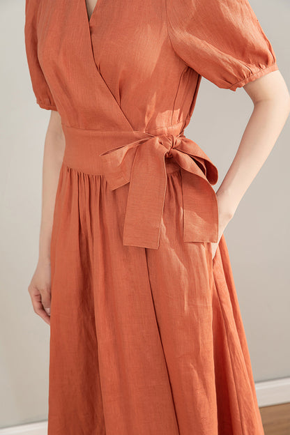 Orange Linen Cotton Midi Wrap Dress - Bubble Sleeves, A-Line Silhouette 4196