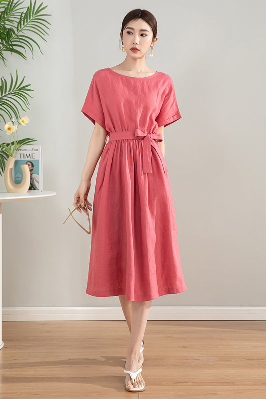 Women's Pink Midi Linen Dress 4197