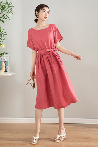 Pink Linen Blend Midi Dress - A-Line Silhouette with Tie Waist 4197