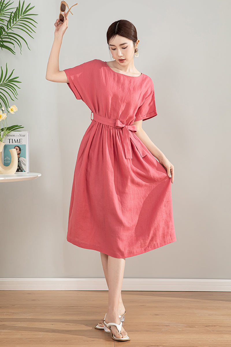 Women's Pink Midi Linen Dress 4197 Xiaolizi Women's Pink Midi Linen Dress 4197 Xiaolizi