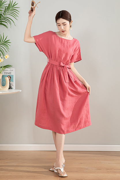 Pink Linen Blend Midi Dress - A-Line Silhouette with Tie Waist 4197
