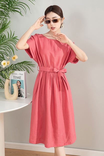 Pink Linen Blend Midi Dress - A-Line Silhouette with Tie Waist 4197