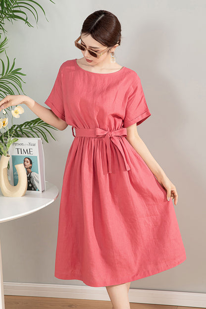 Pink Linen Blend Midi Dress - A-Line Silhouette with Tie Waist 4197