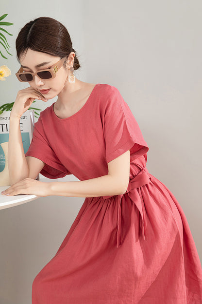 Pink Linen Blend Midi Dress - A-Line Silhouette with Tie Waist 4197