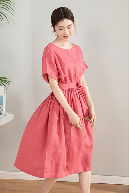 Pink Linen Blend Midi Dress - A-Line Silhouette with Tie Waist 4197