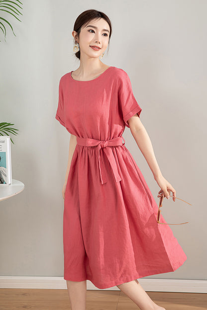 Pink Linen Blend Midi Dress - A-Line Silhouette with Tie Waist 4197