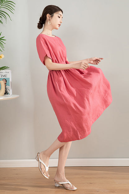Pink Linen Blend Midi Dress - A-Line Silhouette with Tie Waist 4197
