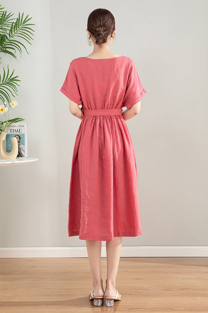Pink Linen Blend Midi Dress - A-Line Silhouette with Tie Waist 4197