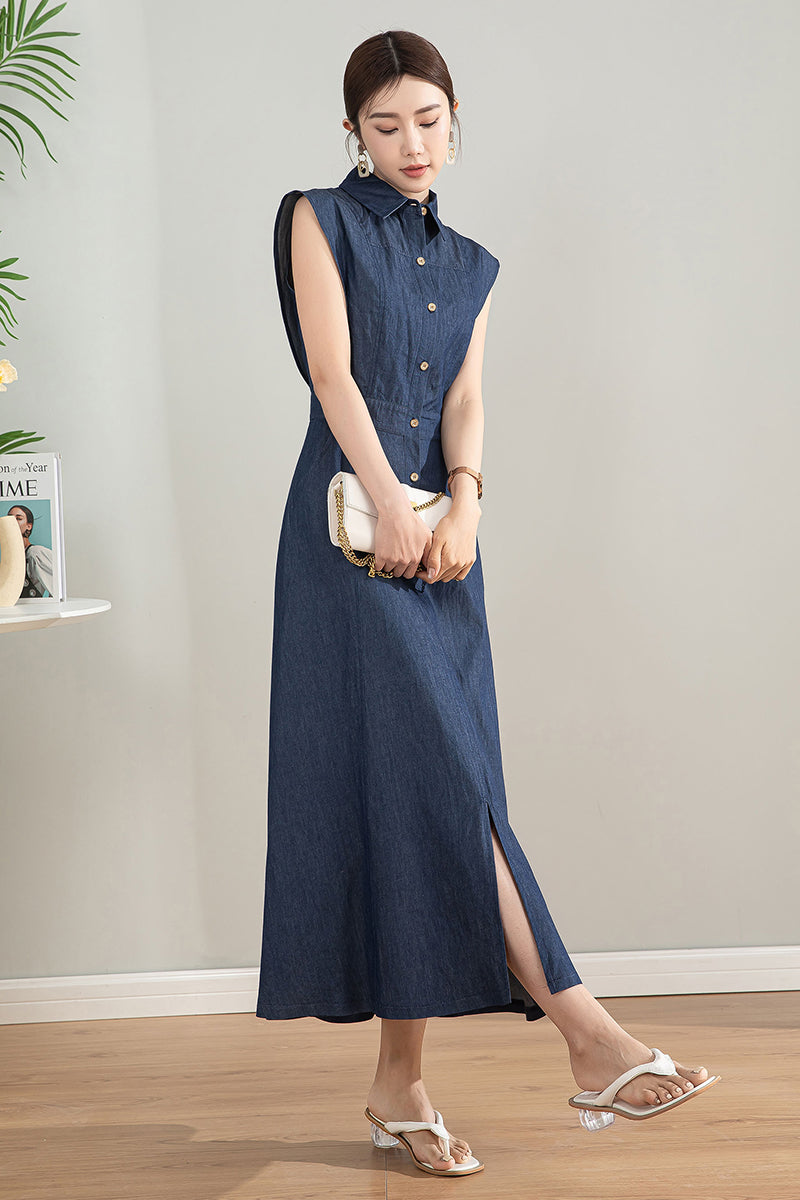 Sleeveless Blue Midi Shirt Dress 4198