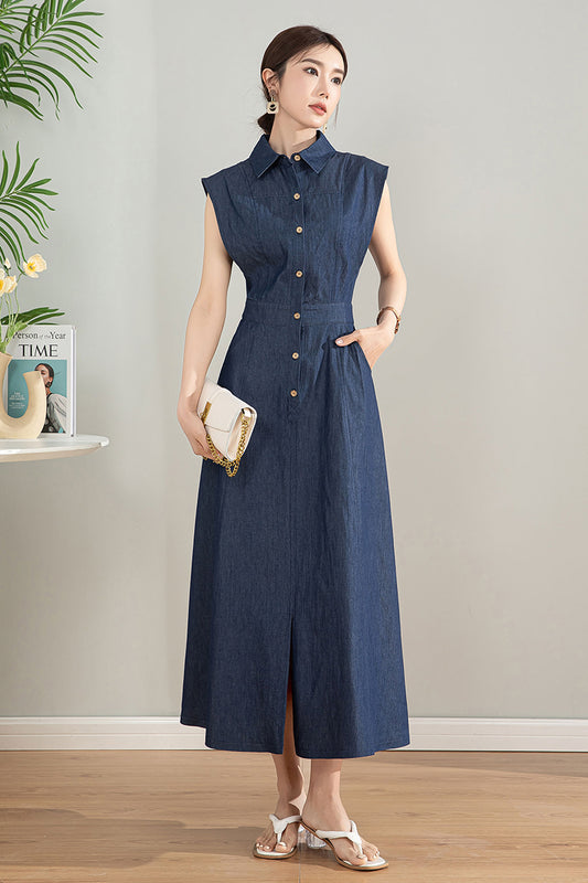 Sleeveless Blue Midi Shirt Dress 4198