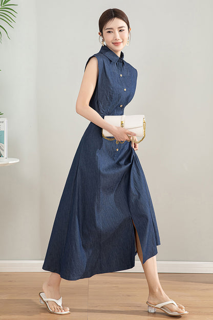 Sleeveless Blue Midi Shirt Dress 4198