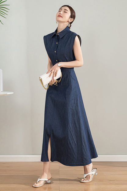 Sleeveless Blue Midi Shirt Dress 4198