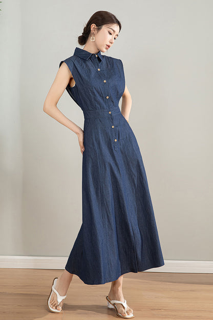 Sleeveless Blue Midi Shirt Dress 4198