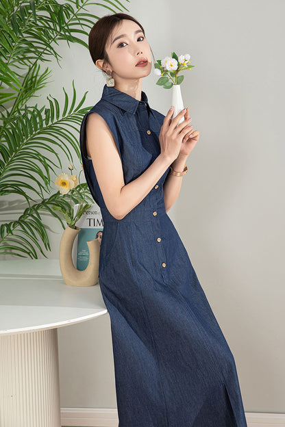 Sleeveless Blue Midi Shirt Dress 4198
