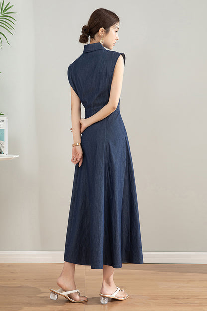 Sleeveless Blue Midi Shirt Dress 4198
