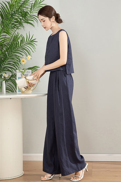 Navy Blue Linen Two Piece Set 4199