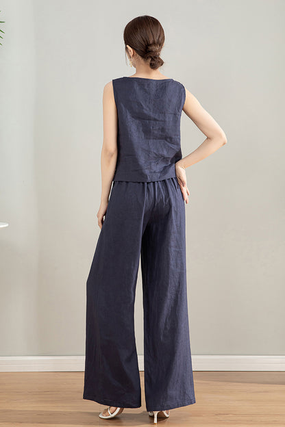 Navy Blue Linen Two Piece Set 4199