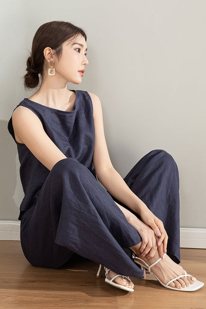 Navy Blue Linen Two Piece Set 4199