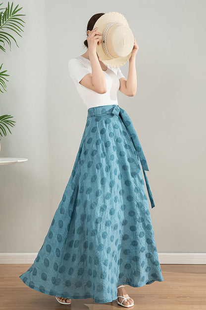 Light Blue Tencel Blend Maxi Skirt - High Waisted Circle Silhouette 4200