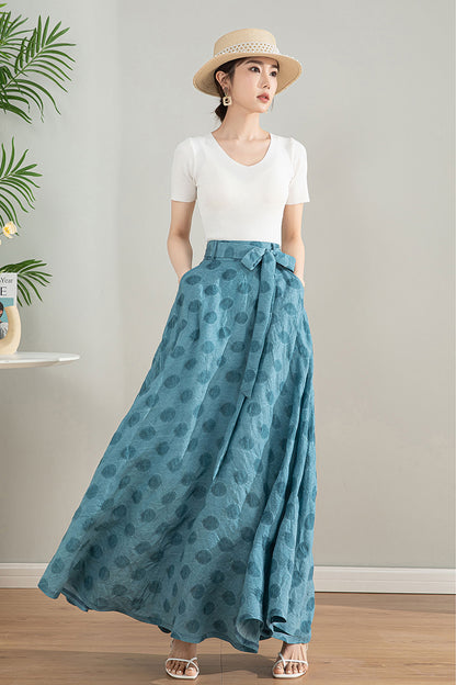 Light Blue Tencel Blend Maxi Skirt - High Waisted Circle Silhouette 4200
