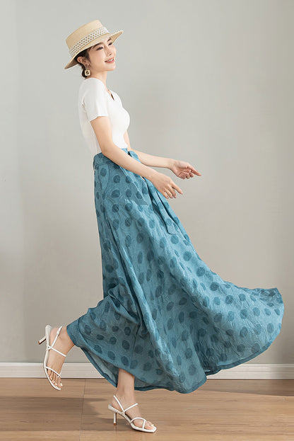 Light Blue Tencel Blend Maxi Skirt - High Waisted Circle Silhouette 4200