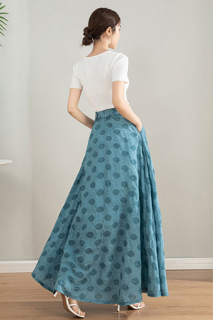 Light Blue Tencel Blend Maxi Skirt - High Waisted Circle Silhouette 4200