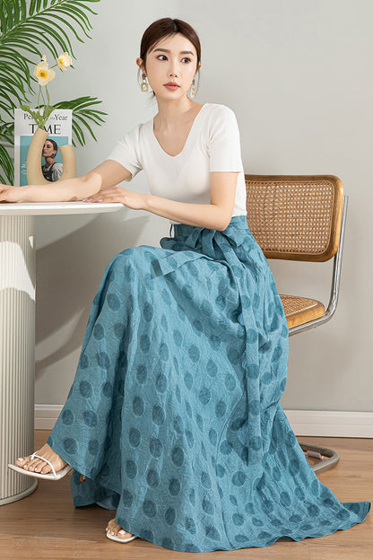 Light Blue Tencel Blend Maxi Skirt - High Waisted Circle Silhouette 4200