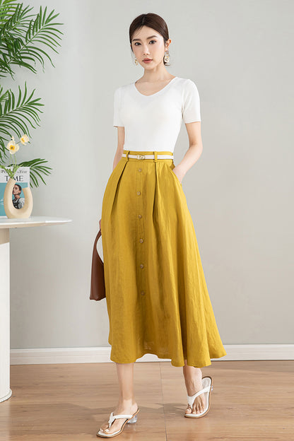 Handmade Linen Cotton Midi Skirt with Pockets | Xiaolizi 4201