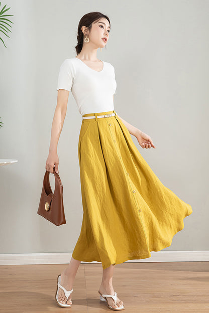 Handmade Linen Cotton Midi Skirt with Pockets | Xiaolizi 4201
