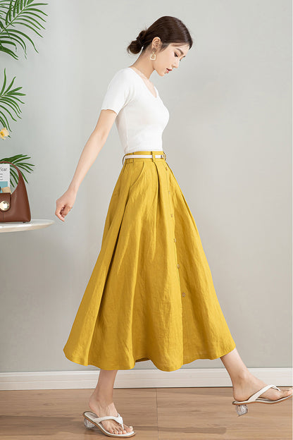 Handmade Linen Cotton Midi Skirt with Pockets | Xiaolizi 4201