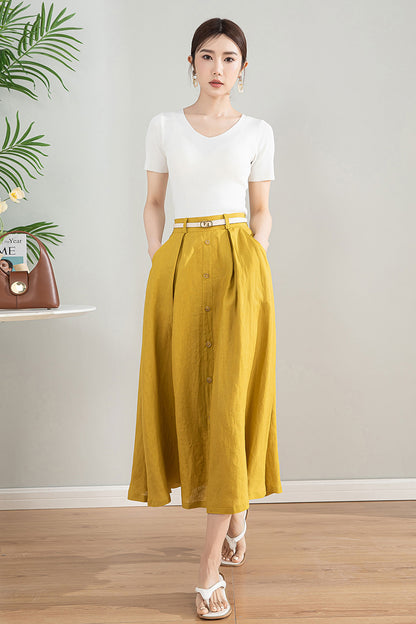 Handmade Linen Cotton Midi Skirt with Pockets | Xiaolizi 4201