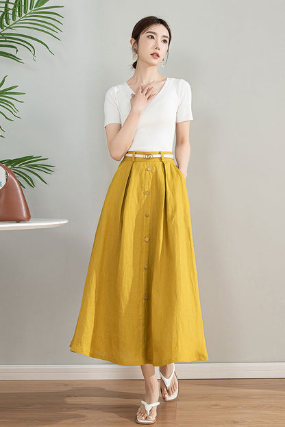 Handmade Linen Cotton Midi Skirt with Pockets | Xiaolizi 4201