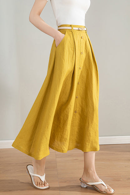 Handmade Linen Cotton Midi Skirt with Pockets | Xiaolizi 4201