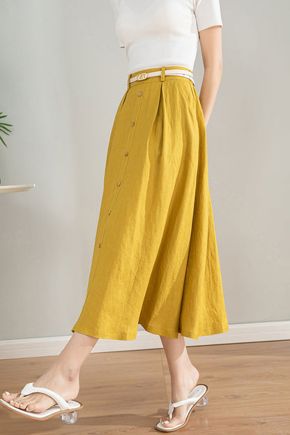 Handmade Linen Cotton Midi Skirt with Pockets | Xiaolizi 4201